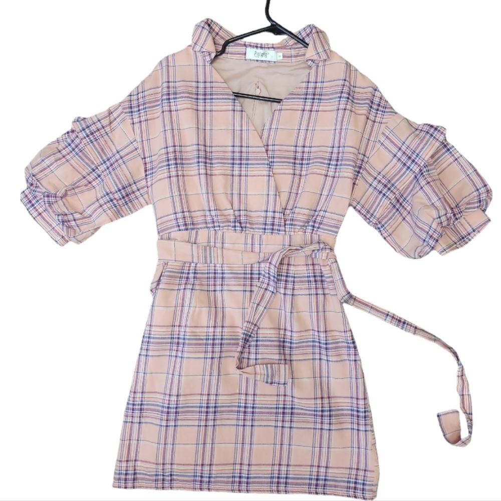Palglg madris Plaid lined tied Puffed dress NEW size small unique!